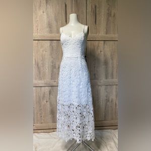 Express spaghetti strap bright White w/ big floral, cut-out Lace Midi dress NWT